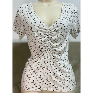 NIKKI ERIN Y2k Top M Floral Ruched Babydoll VNeck White Ribbed Shirt Cottagecore